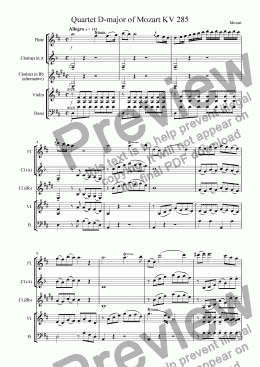 page one of Quartet for flute, clarinet, violin and base