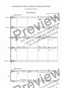 page one of Concertino for Piano, Clarinet, and Recorder Band - Movement I
