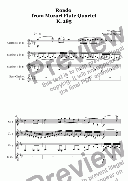 page one of Rondo from Flute Quartet K.285 (For 4 Clarinets)