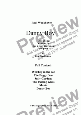 page one of Danny Boy (Londonderry Air) Irish Folksongs arranged for Recorder and Piano by P. Weckhoven 