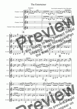 page one of The Entertainer for Clarinet Quartet