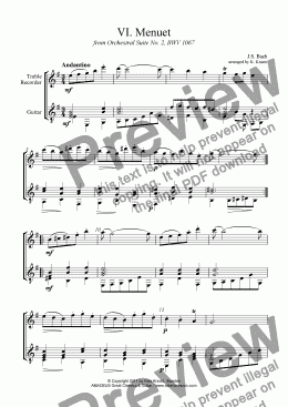 page one of Menuet from Suite No. 2, BWV 1067 for T. recorder and guitar