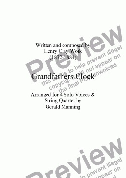 page one of Work, H. C. - Victorian Ballad - Grandfather's Clock - arranged for 4 Solo Voice's & String Quartet by Gerald Manning