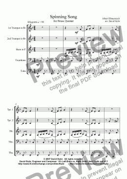 page one of Spinning Song, for Brass Quintet