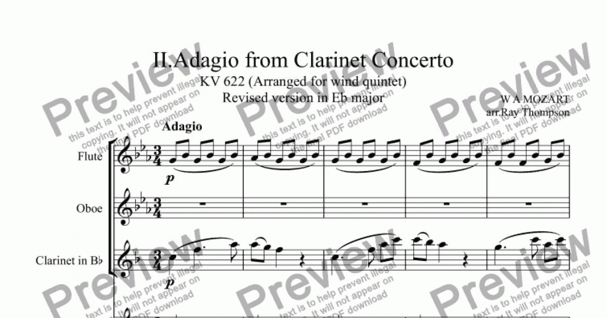 Mozart Clarinet Concerto Mvt Ii Adagio Transposed Into Eb Inc