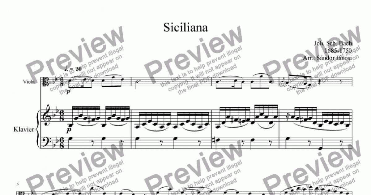 Siciliana for Solo Solo Viola + piano by Joh. Seb. Bach 1685-1750 Arr.:  Sándor Jánosi - Sheet Music PDF file to download