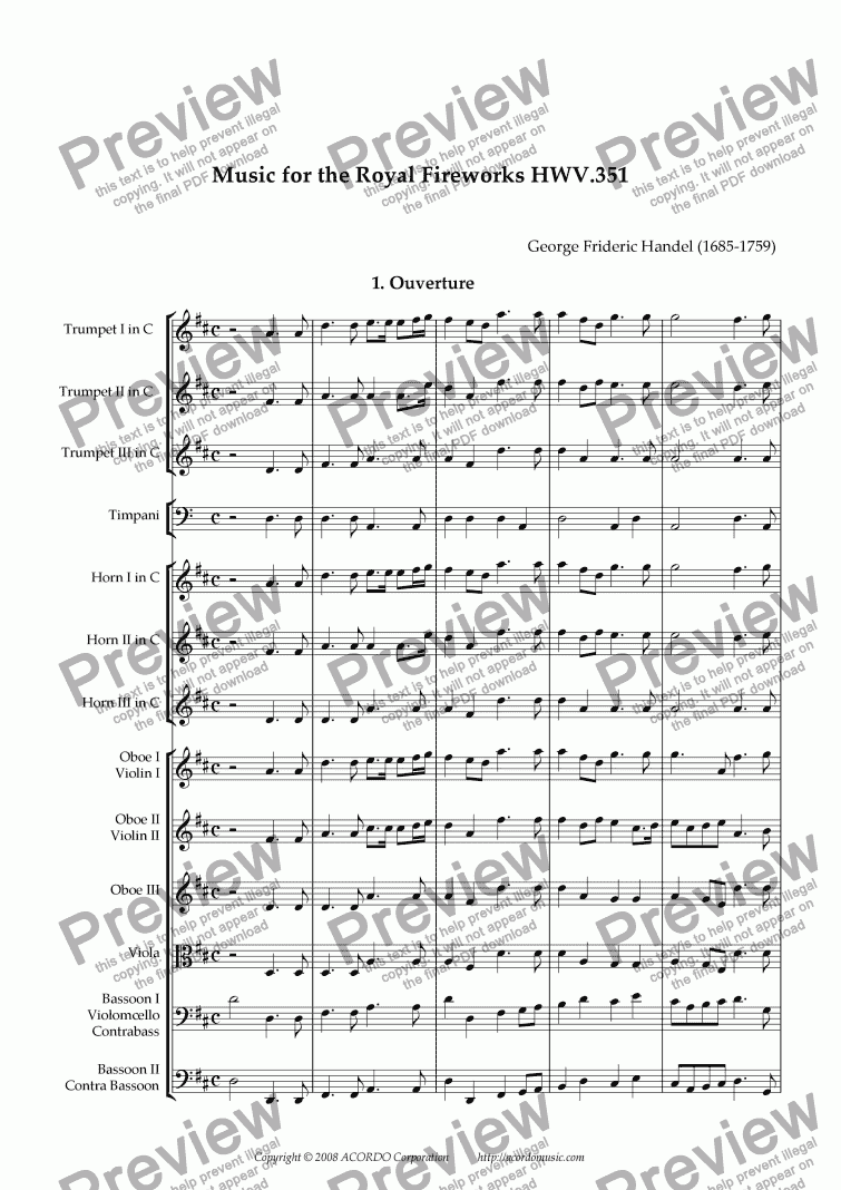 page one of The Music for the Royal Fireworks, HWV 351, I. Ouverture