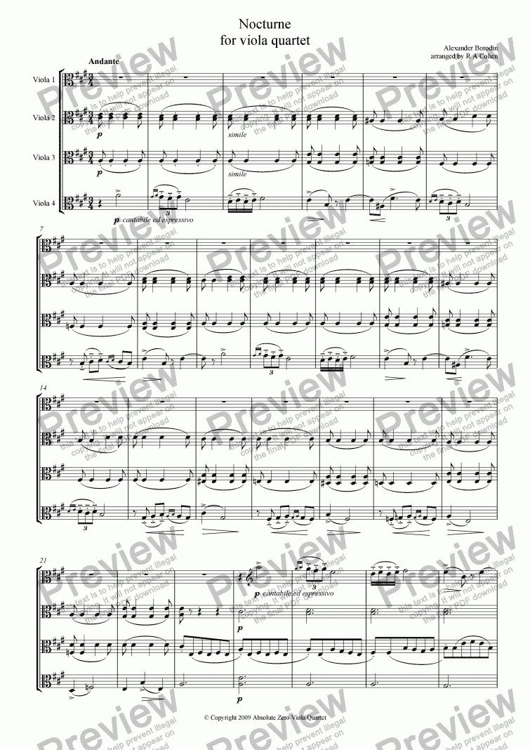 page one of Borodin - NOCTURN - for viola quartet