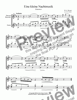 page one of Romance from Eine kleine Nachtmusik for D. recorder and guitar