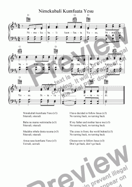 page one of Nimekubali Kumfuata Yesu (Swahili Hymn)