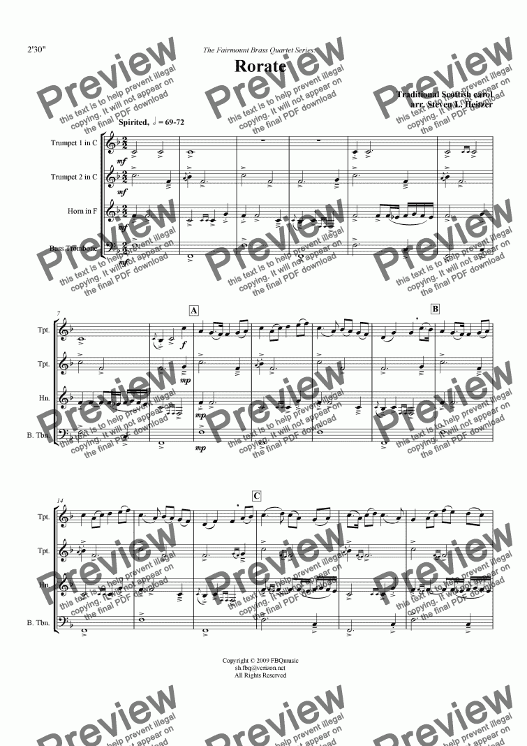 page one of Rorate, a Scottish Christmas carol - Brass QUARTET