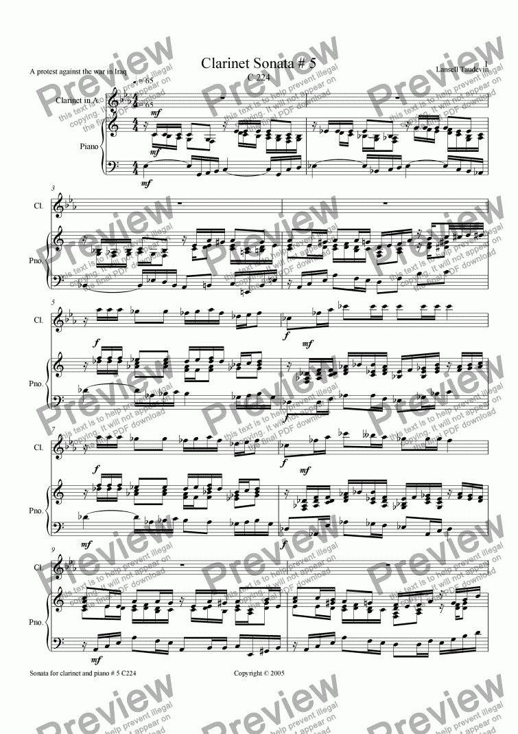page one of Clarinet Sonata # 5