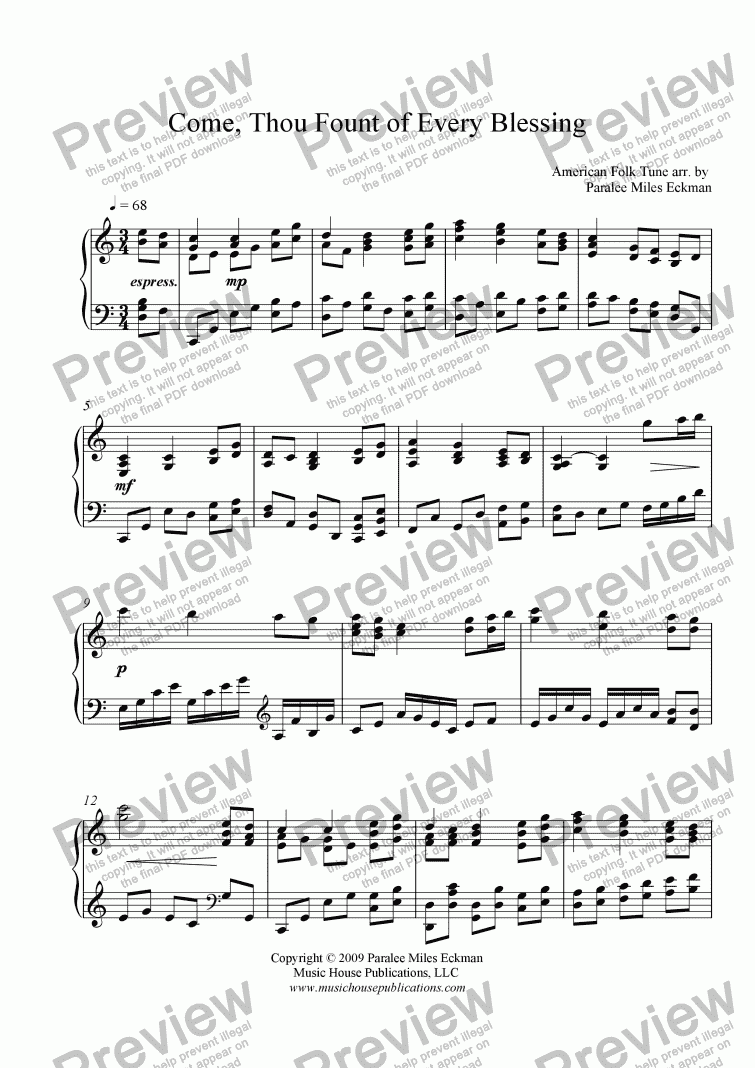 page one of Come Thou Fount of Every Blessing (Piano Solo - Eckman)