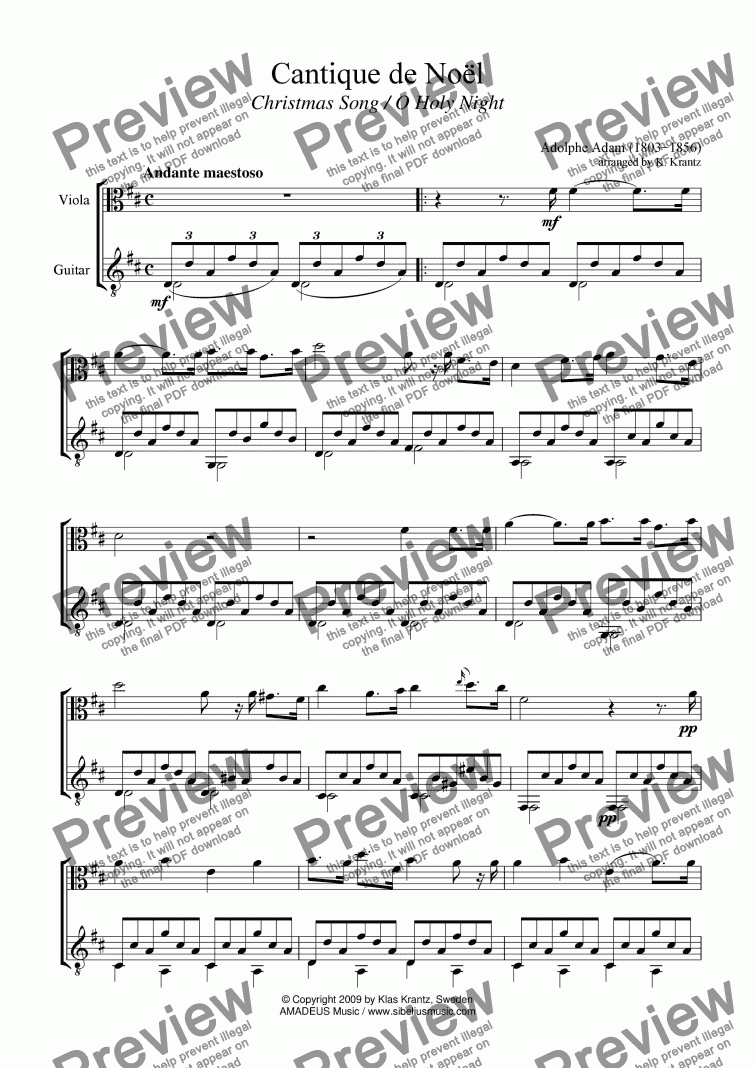 page one of O Holy Night / Cantique de Noël for viola and guitar