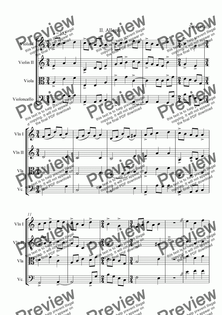 page one of String Quartet #2, movement 2