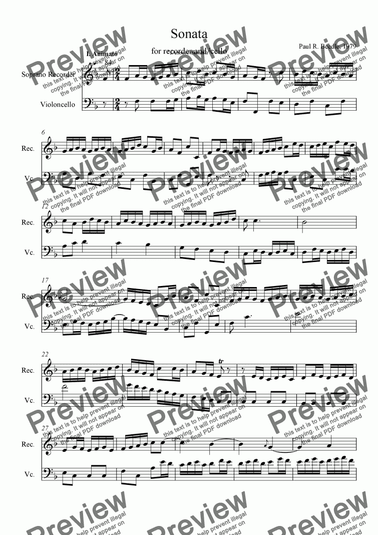 page one of Sonata for Recorder and Cello, mvt 1