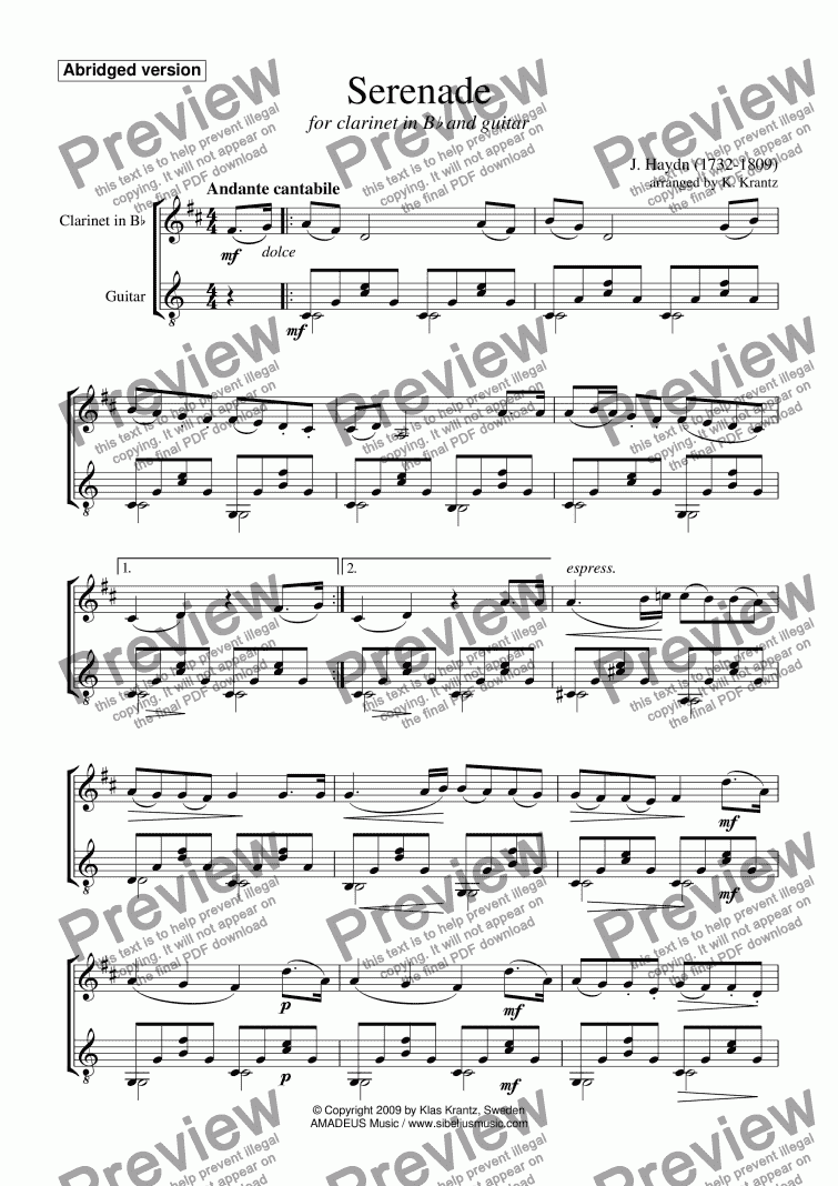 page one of Serenade (abridged) for clarinet and guitar