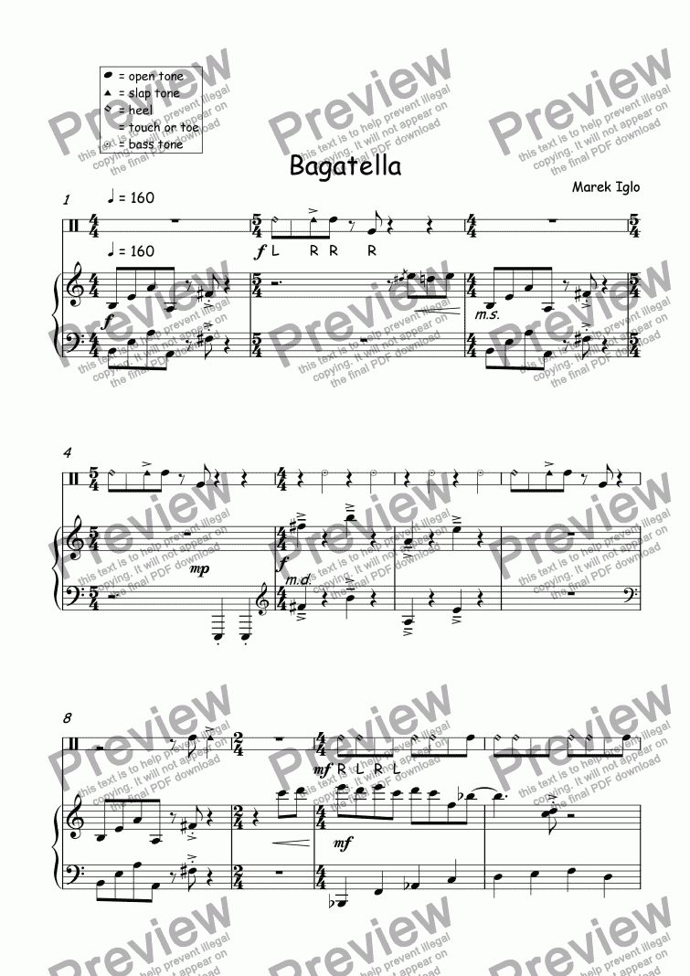 page one of Bagatella for piano and congas