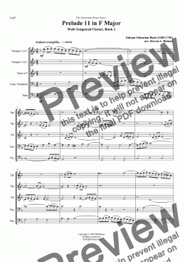 page one of Prelude 11, F major (WTC Bk 2) - Brass QUINTET