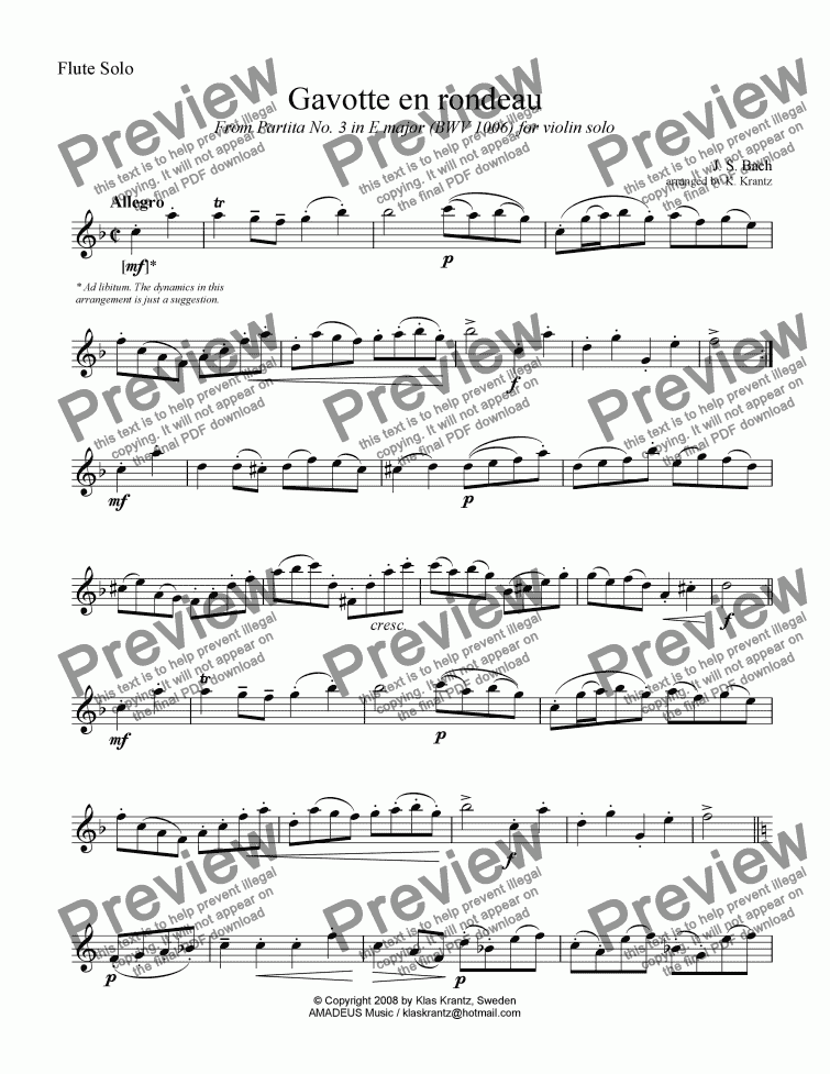 page one of Gavotte en rondeau BWV 1006, for flute solo