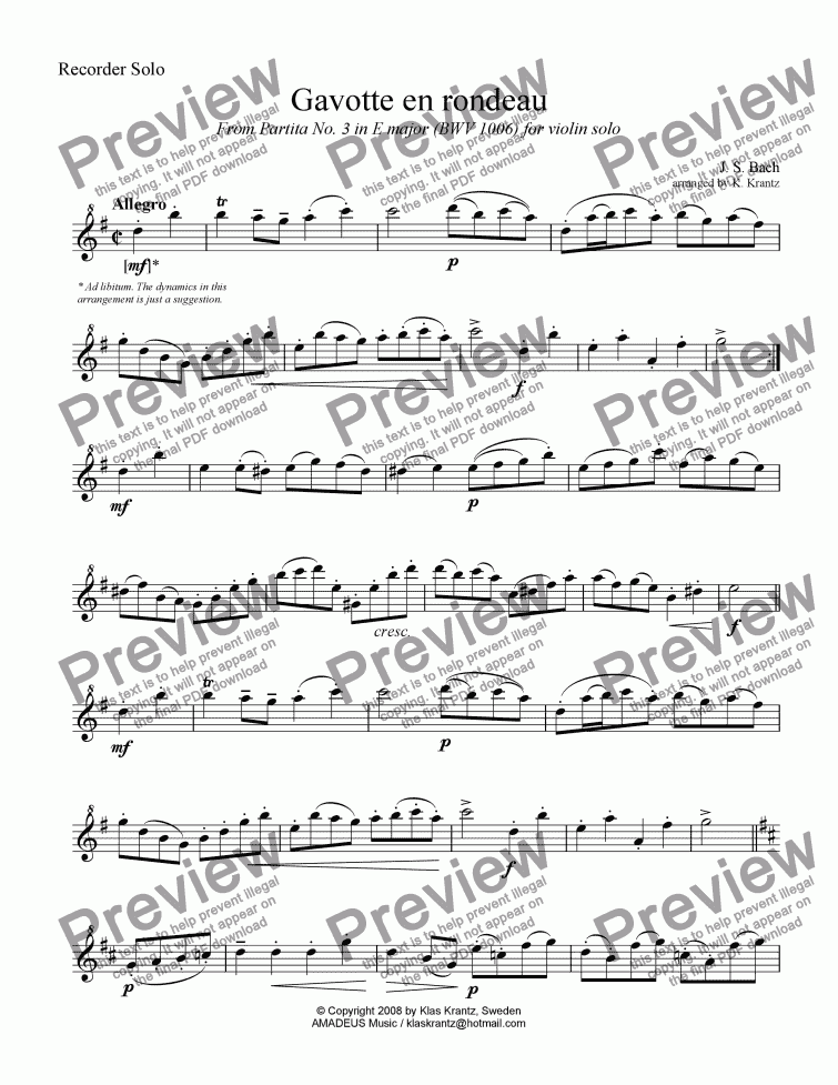 page one of Gavotte en rondeau from Partita No 3, for recorder solo