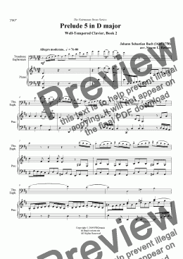 page one of Prelude 5, D major (WTC Bk 2) - EUPHONIUM (Trombone) & piano