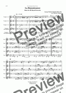 page one of La Rejouissance, Music for the Royal Fireworks - Trumpet QUINTET