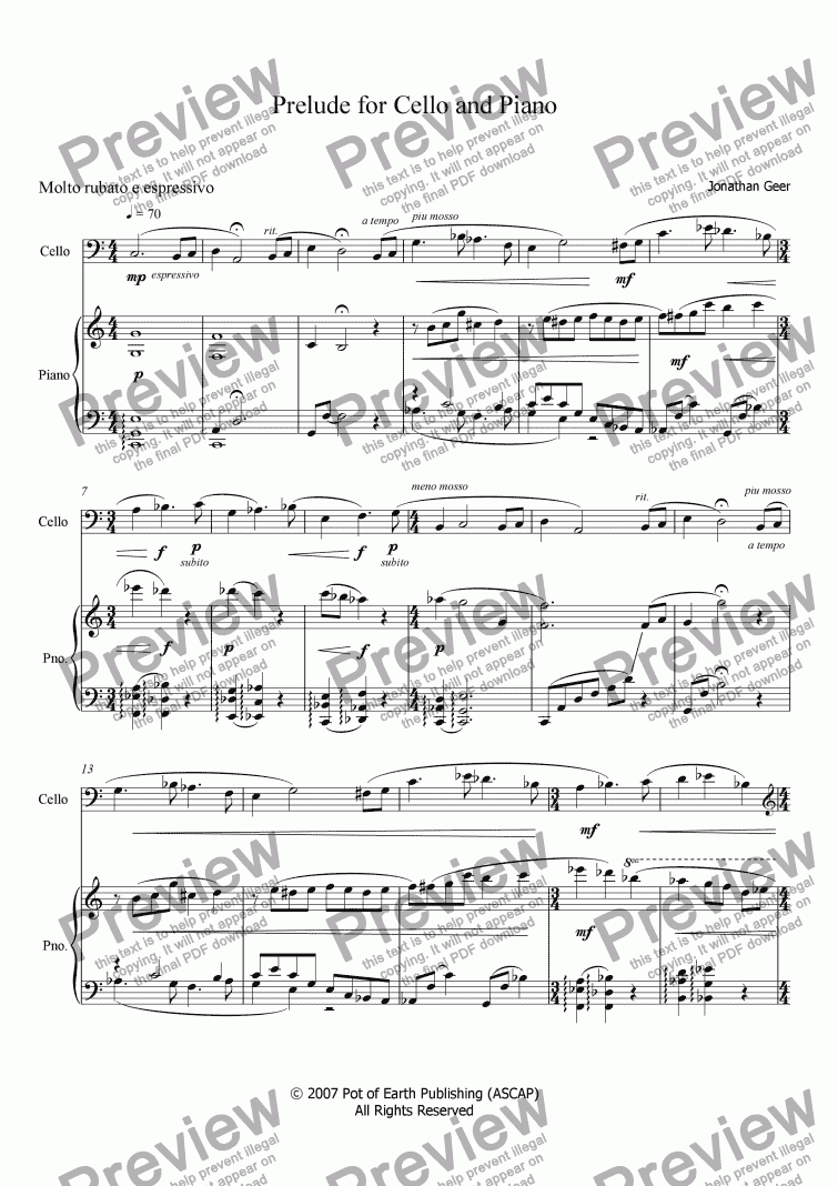 page one of Prelude for Cello and Piano