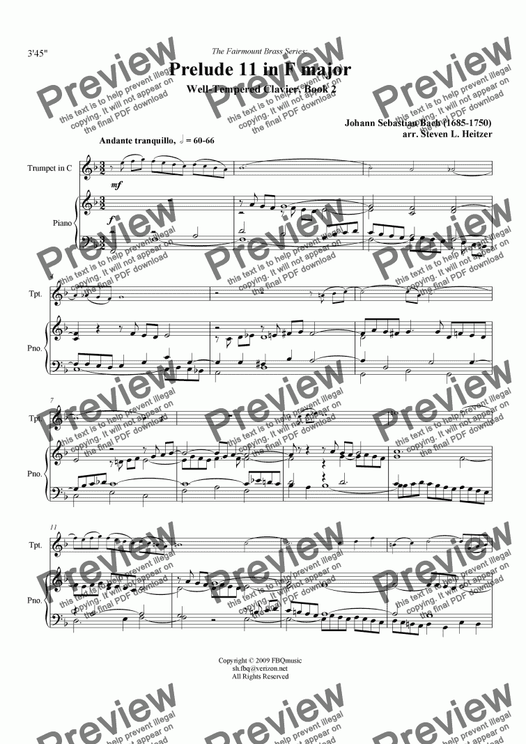 page one of Prelude 11, F major (WTC Bk 2) - TRUMPET & piano