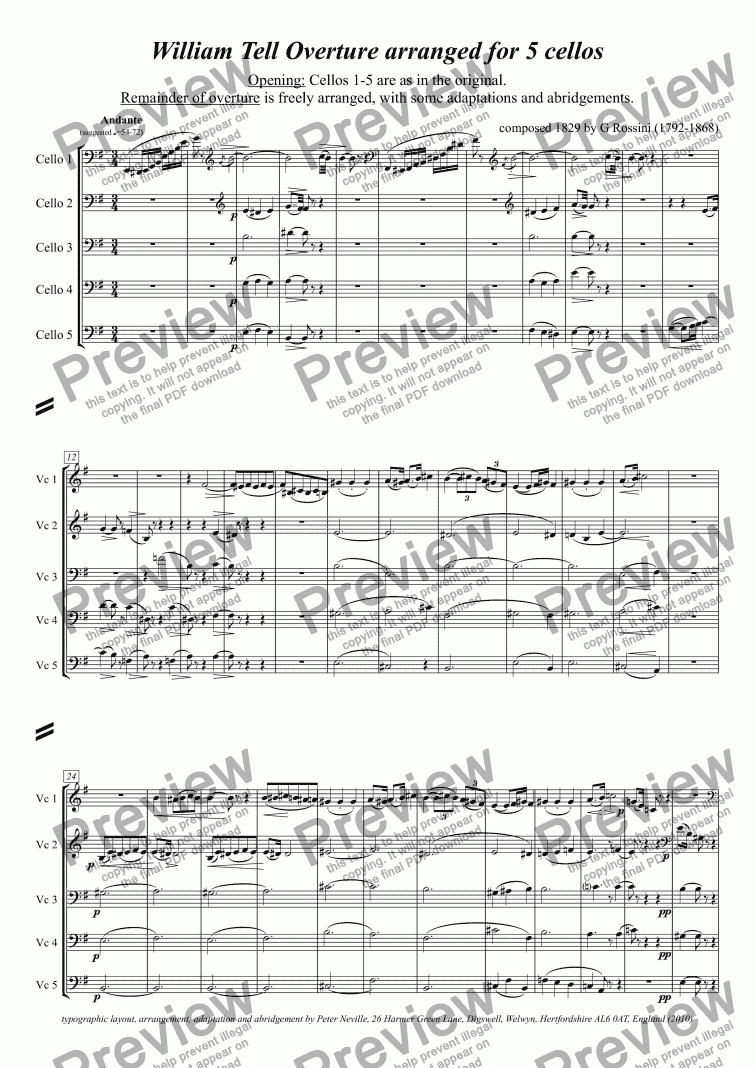 page one of William Tell Overture (all four episodes) for 5 celli (abridged)