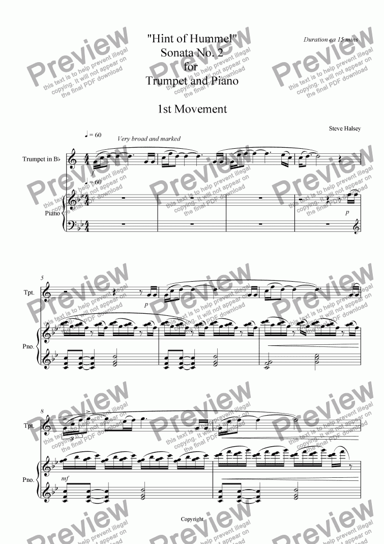 page one of ’Hint of Hummel’ Sonata No.2 for Trumpet and Piano