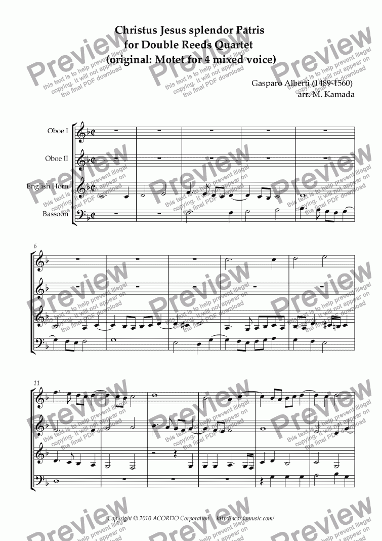page one of 'Christus Jesus splendor Patris' for Double-Reeds Quartet (original: Motet for 4 mixed voice)