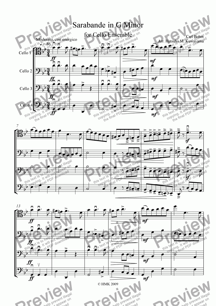 page one of Sarabande in G Minor for Cello Ensemble