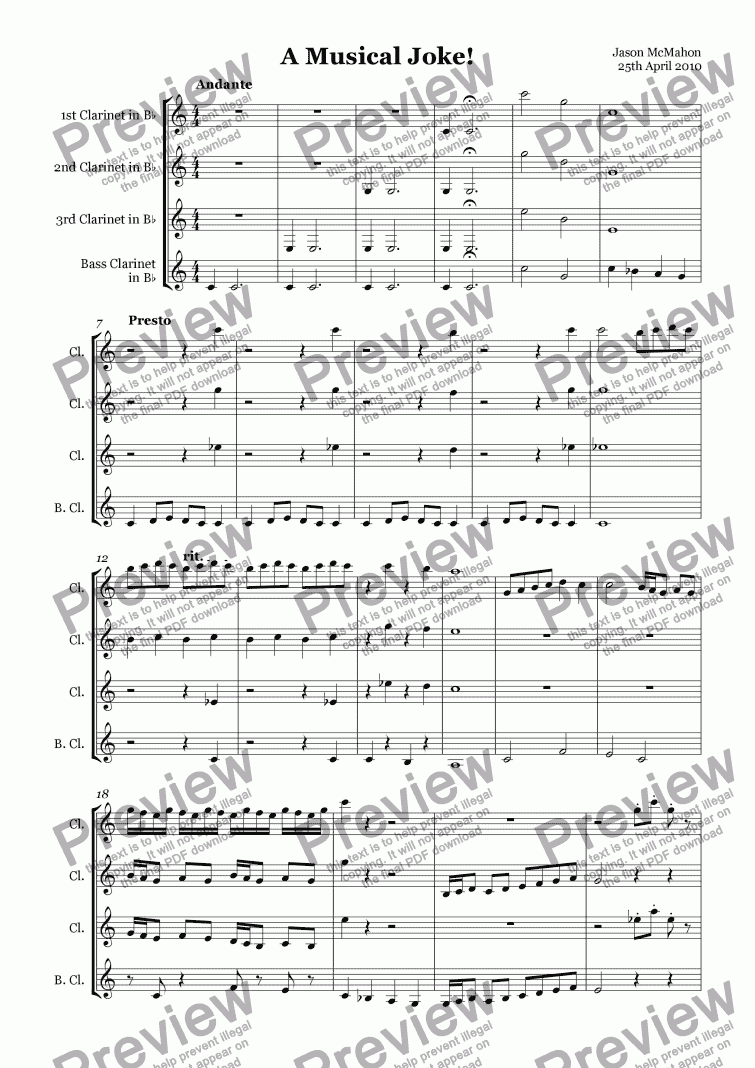 page one of A Musical Joke! For Clarinet Quartet