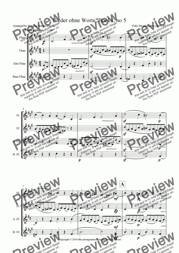 page one of Mendelssohn: Song without Words, Book 1, #5 for Flute Choir (2 fl, afl, bass fl)