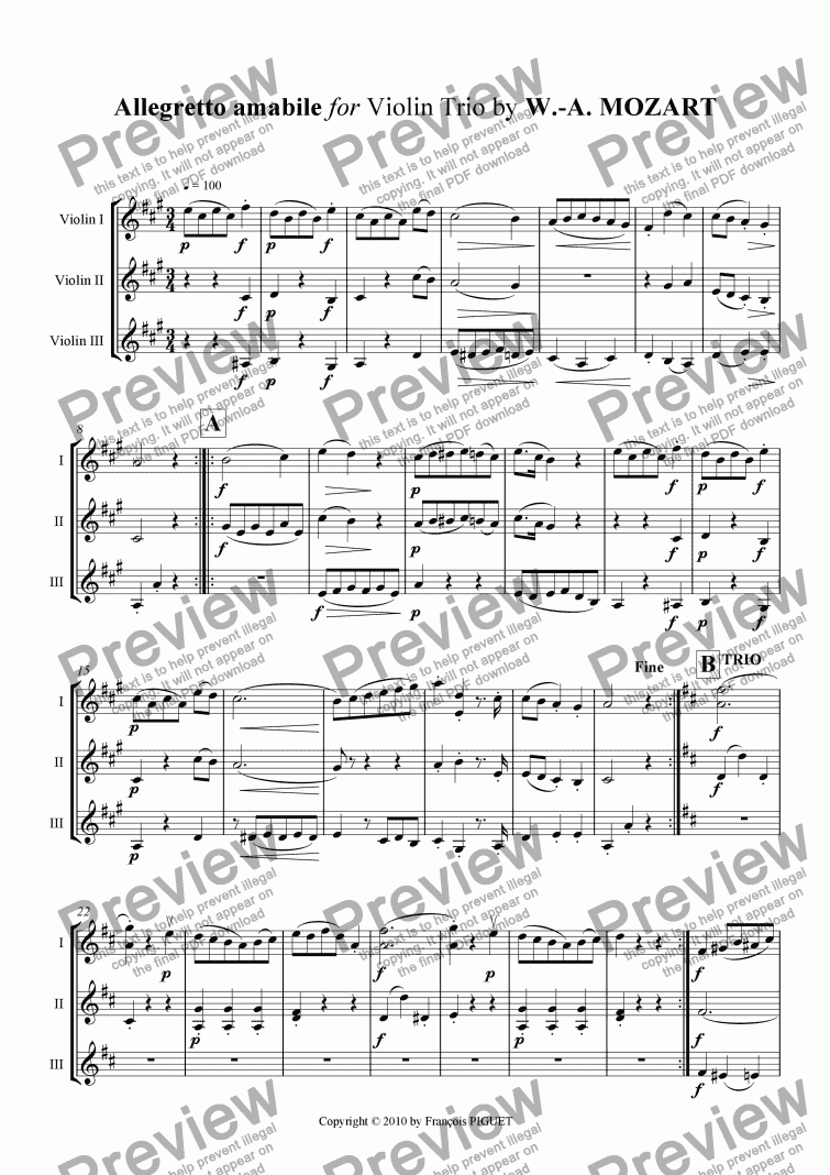 page one of Allegretto amabile for Violin Trio by W.-A. MOZART