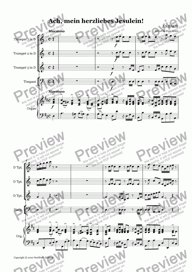 page one of Bach: Ach, mein herzliebes Jesulein! (3 Trumpets, Timpani and Organ)
