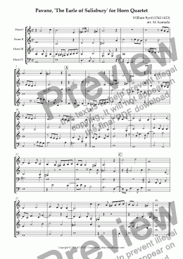 page one of Pavane, ’The Earle of Salisbury’ for Horn Quartet