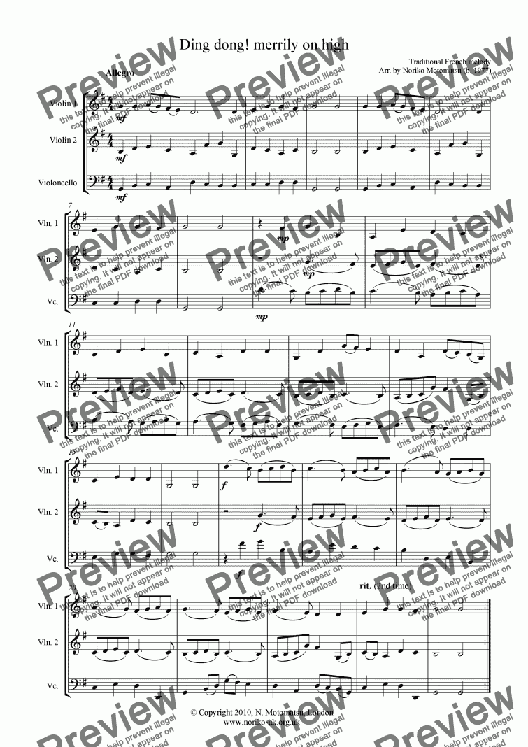 page one of Ding dong! merrily on high (for 2 violins and violoncello)