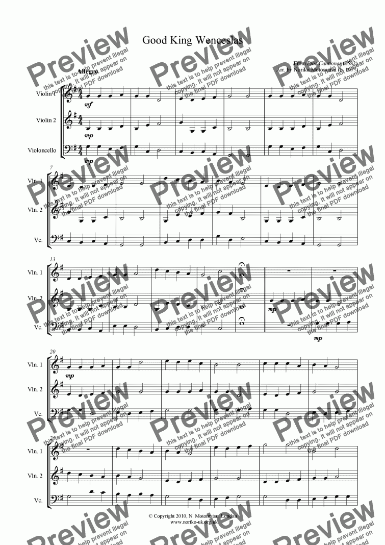 page one of Good King Wenceslas (for 2 violins and violncello)