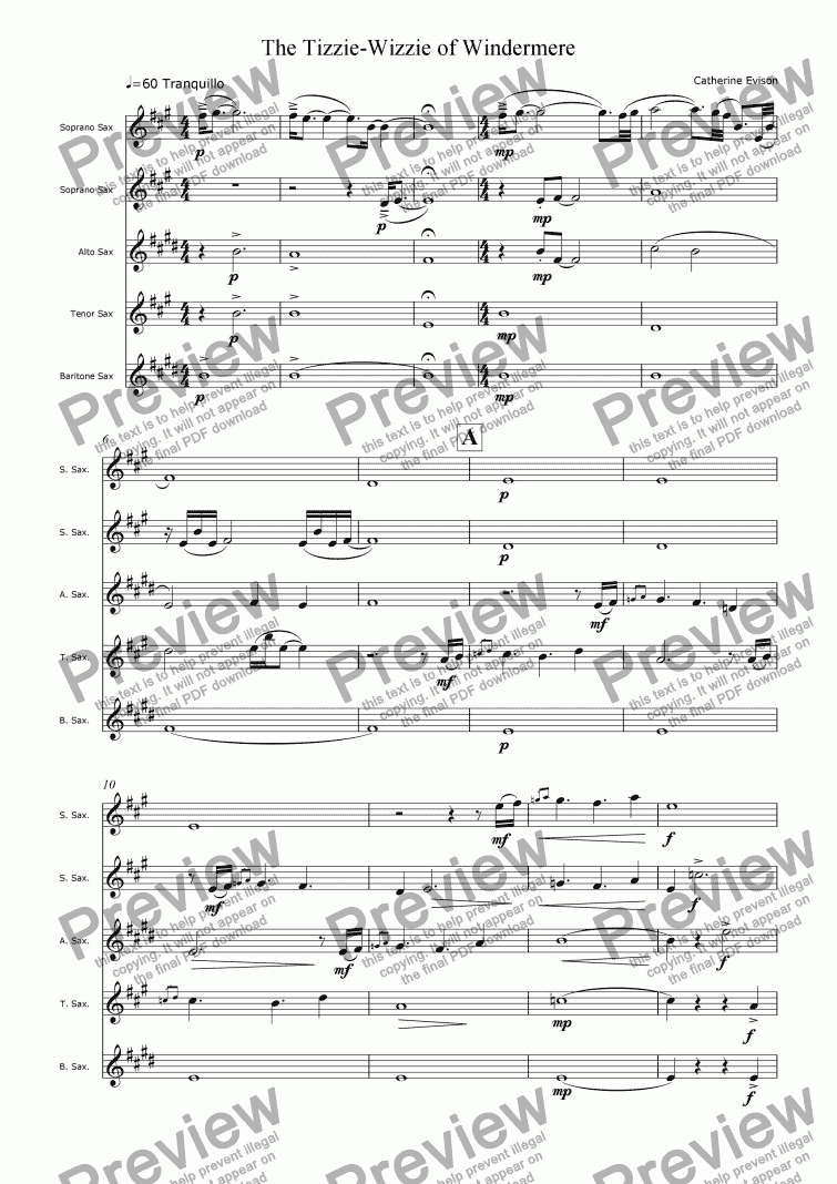 page one of The Tizzie Wizzie of Windermere (Saxophone quintet)