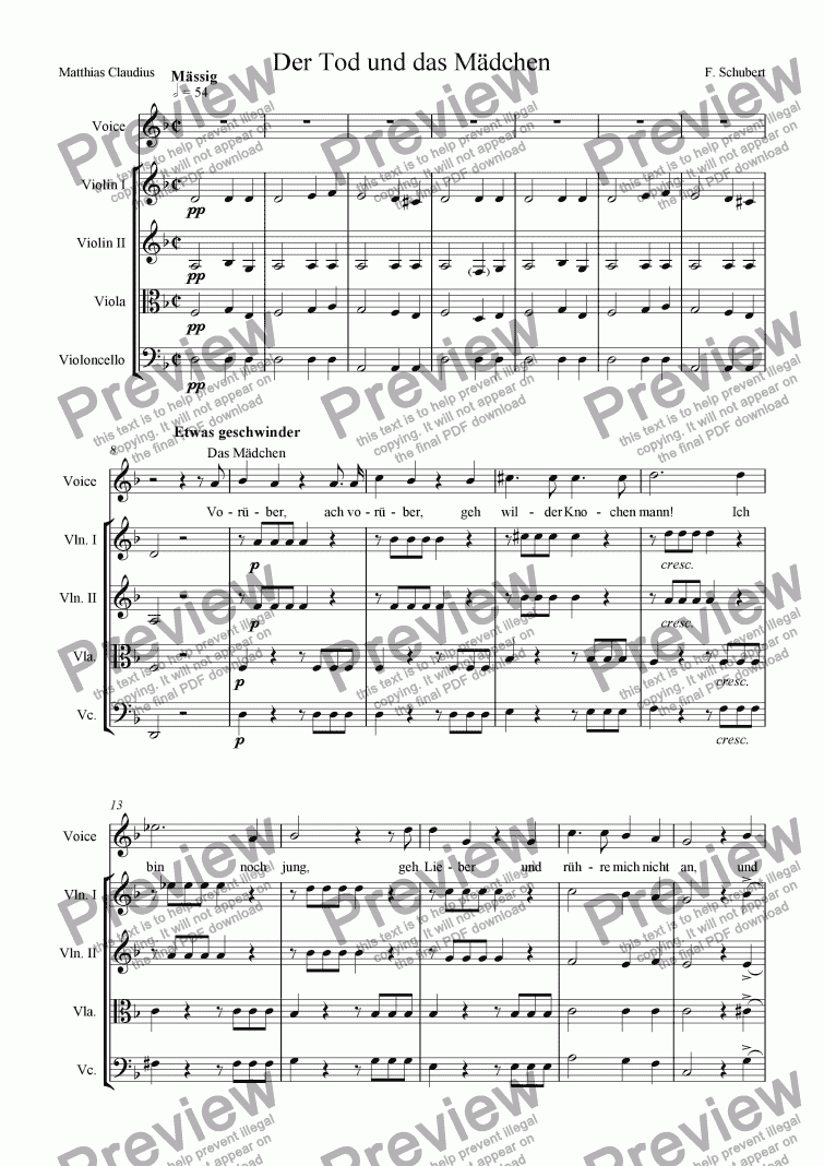 page one of Der Tod und das Mädchen (arranged for voice and strings)