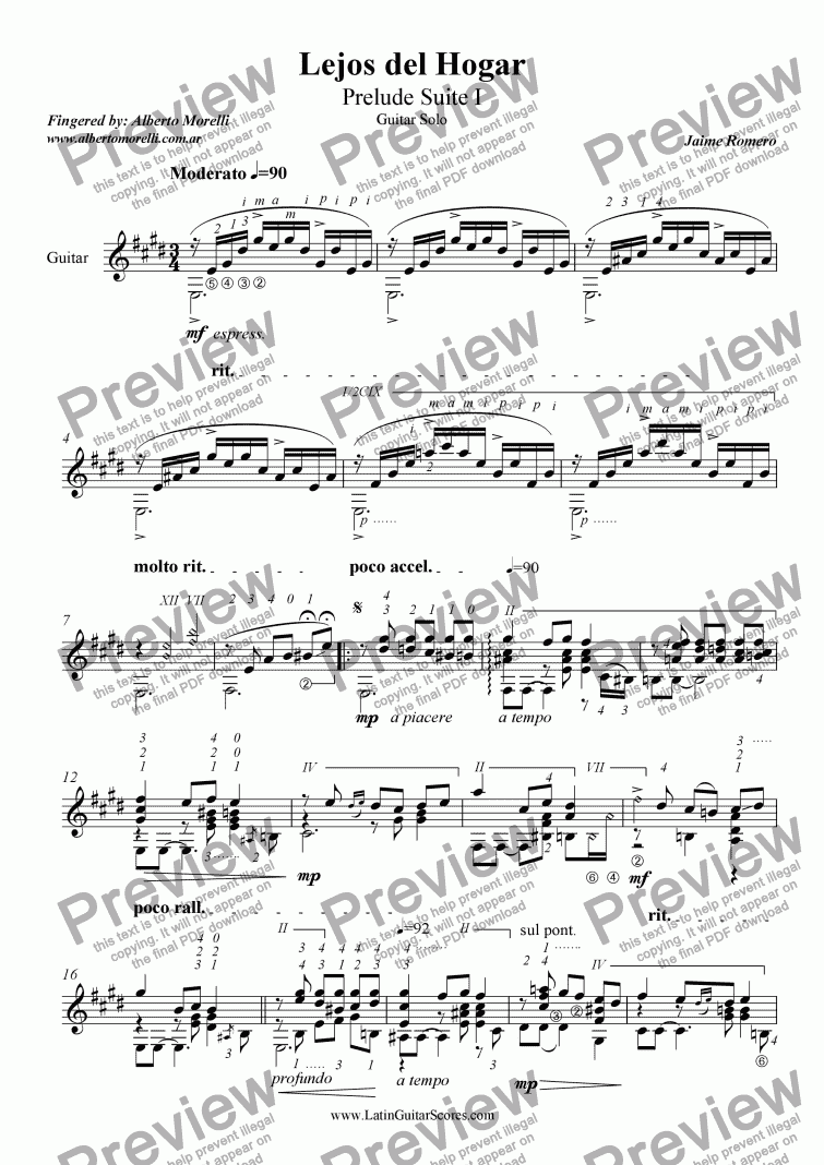 page one of Lejos del Hogar (Prelude Suite I) - (Guitar Solo)