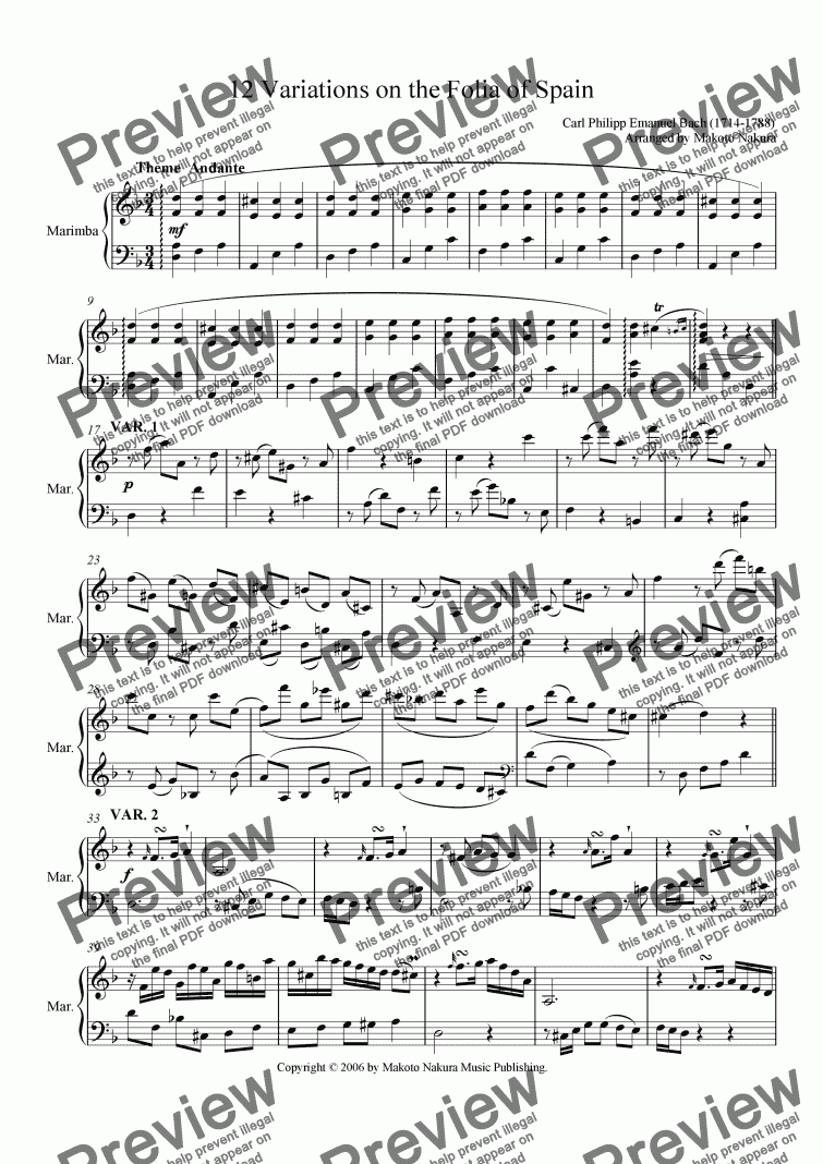 page one of C.P.E. Bach:12 Variations on the Folia of Spain「スペインのフォリアによる１２の変奏曲」