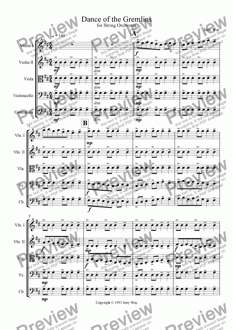 page one of Dance of the Gremlins for String Orchestra