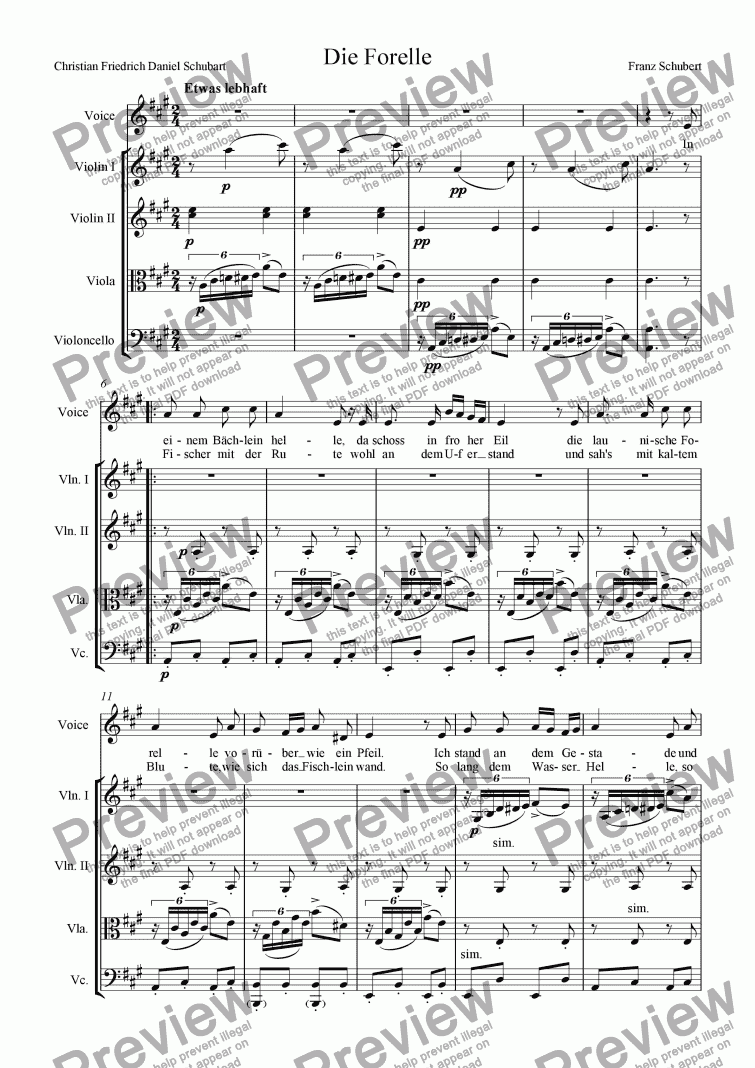 page one of Die Forelle (arranged for voice and strings)