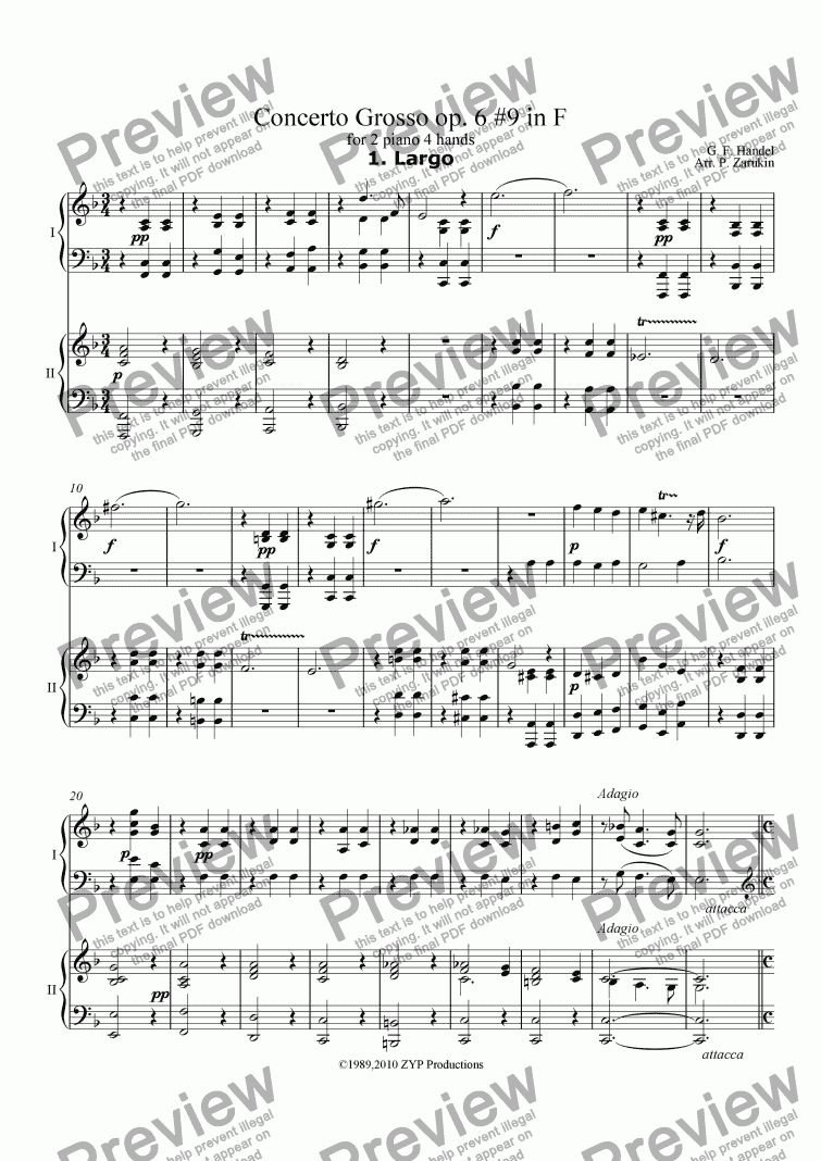 page one of Concerto Grosso op. 6 #9 in F for 2 piano 4 hands