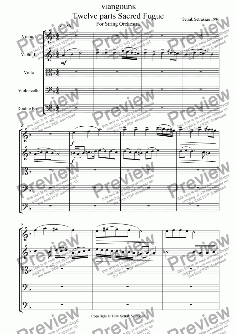 page one of Mangounk Twelve parts Sacred Fugue for String Orchestra