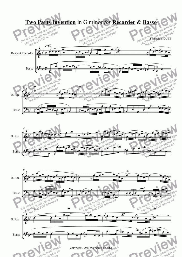 page one of Two Parts Invention in G minor for Recorder & Basso