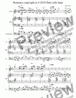page one of Romance copyright ju 4 2010 flute cello harp